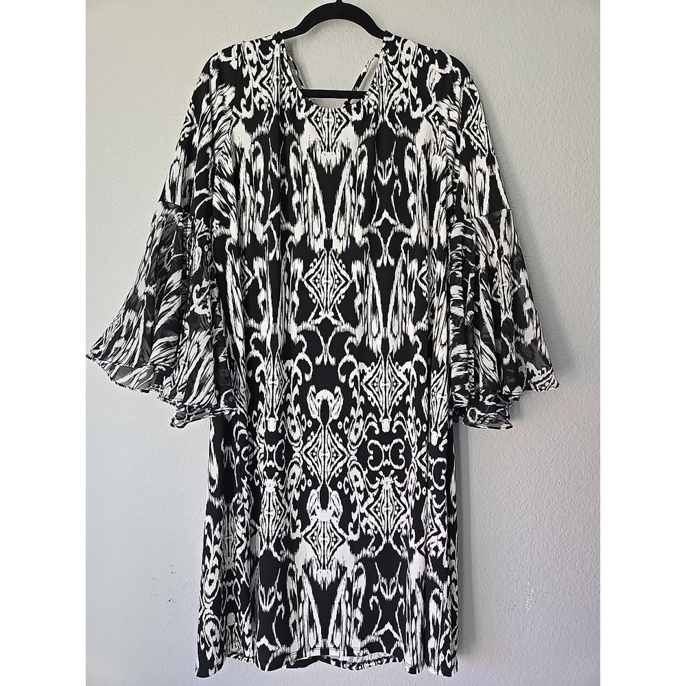 MSK Medallion Geo Print Bell Sleeve Dress 2X Boho Dressy Office NWT Whimsigoth